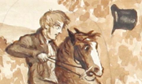 Ink drawing of man on horse