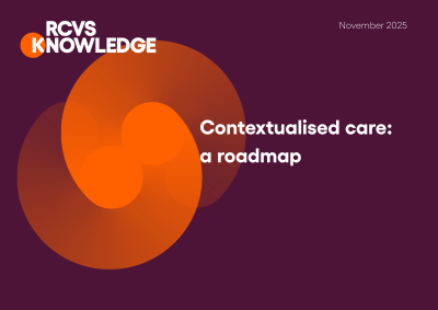 This image is a graphic of two interlocking orange c's with the words 'contextualised care: a roadmap' on a purple background