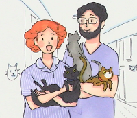 Drawing of a vet and vet nurse holding cats