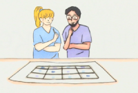 Drawing of a vet and nurse looking over records